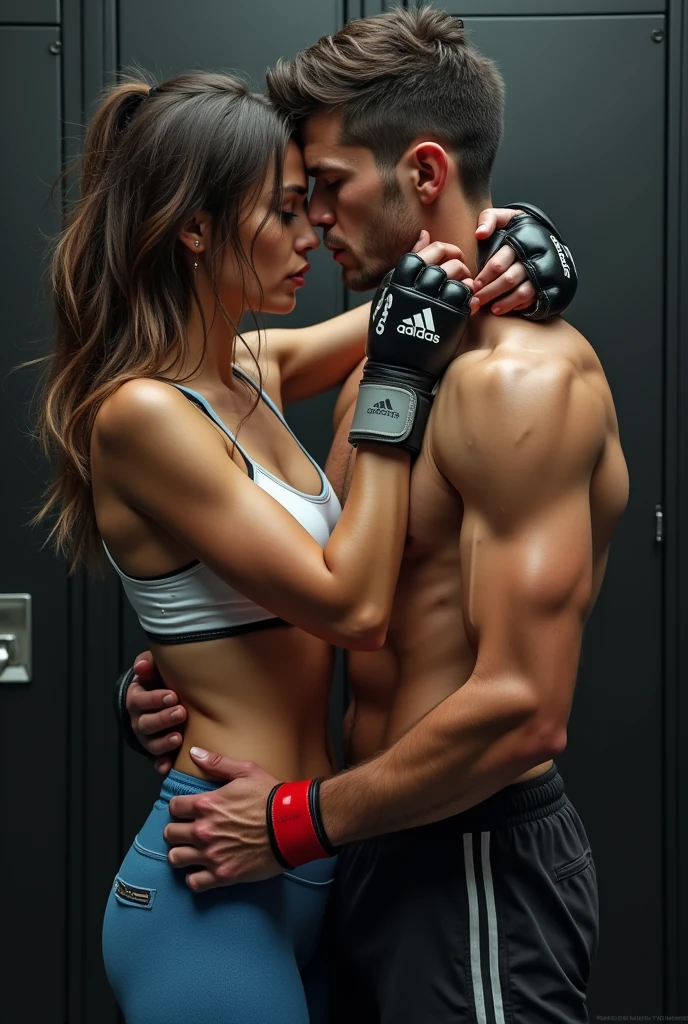1woman, 1man, duo, Italian man with getting force to mate with asian woman, the man is muscular, the man skin is brown, woman sitting on man laps, woman leans on the man chest, woman arms over man shoulder, man grab woman waist, Tounge kissing, shiny skin, aroused, the man is shirtless, man wearing shorts, woman wearing sport bra with sleeves, woman wearing sweat pants, this scene is shoot at the gym, side view,