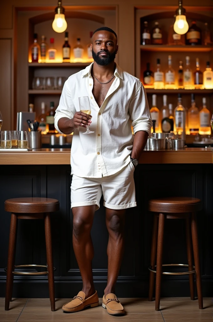 captivating, muscular Jamaican man in a tight white jockstrap, confidently sitting on a bar stool, amidst the bustling crowded ambiance of a sophisticated cocktail bar