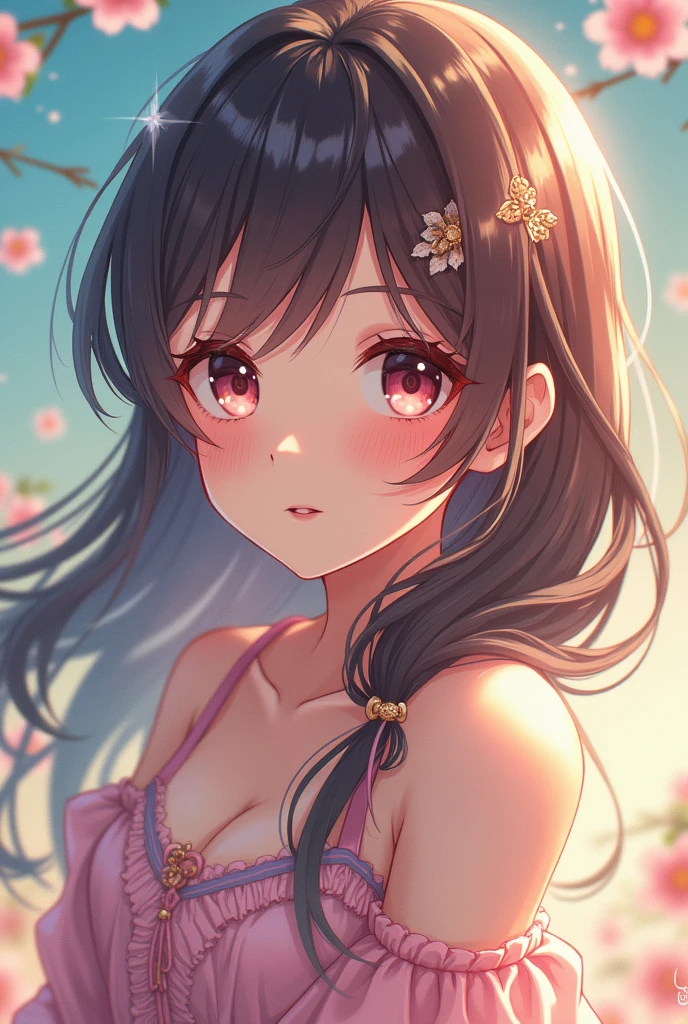 (top quality, masterpiece, ultra-realistic), portrait of one beautiful and delicate girl with a soft and peaceful look, the landscape in the background is a garden with flowering bushes and butterflies flying around. girls in pink swimsuits,