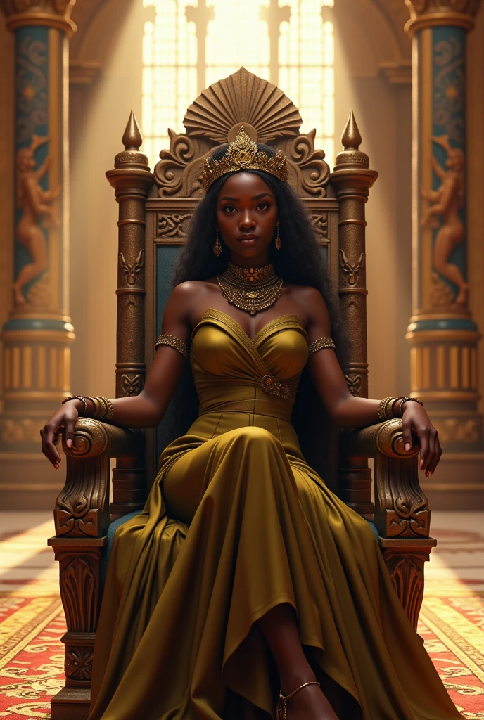 dark skin woman, orange eyes, Green and blue dress from the Victorian era, long black hair, pastel red lips, a ring on your finger, a gold necklace