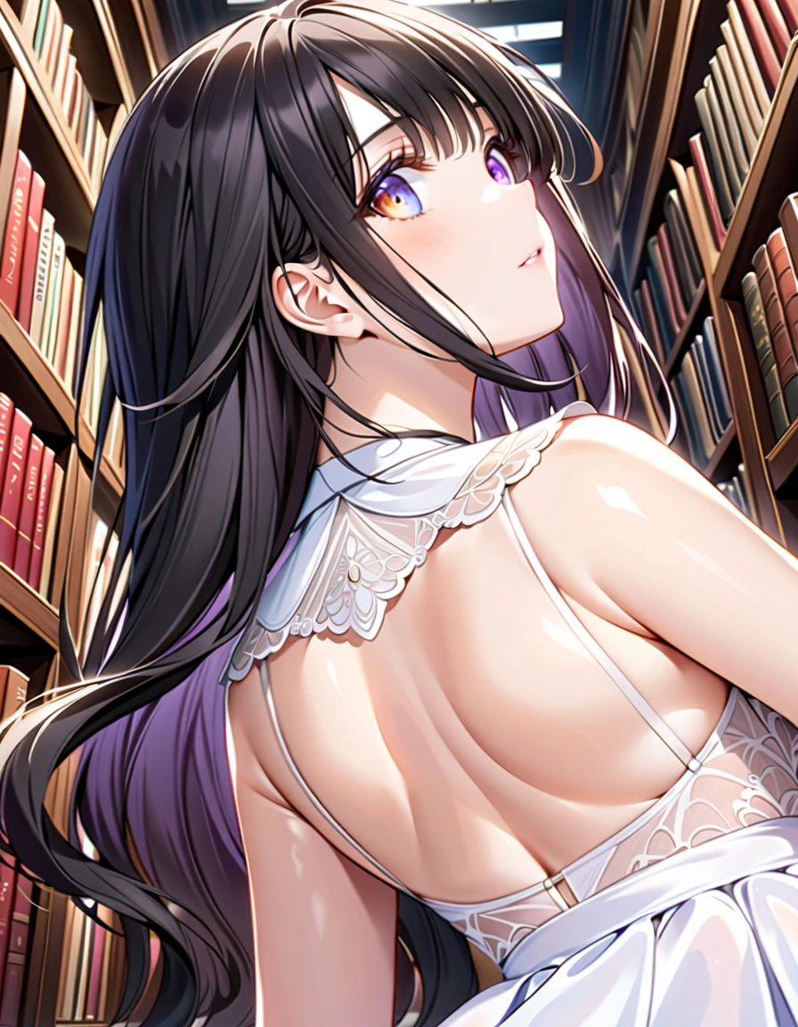 (ultra-detailed, master piece, best quality, high resolution, beautiful hair, beautiful eyes, expressive eyes, perfect face, perfect human anatomy, animated illustration), Library of Congress, very large bookcase, slightly frizzy hair, both sides short high twin tails up, black hair, very baby face, big droopy eyes, heterochromia, pink eye, orange eye, very huge breasts, 145cm tall, looking towards a big bookcase, back view with one hand outstretched to get a book at the top of the bookcase, ((from behind, from below, angle from diagonally behind and below, looking up)), (angle from behind looking straight up, short skirt is looked up from below revealing white panties with lace embroidery), looking at another:1.8