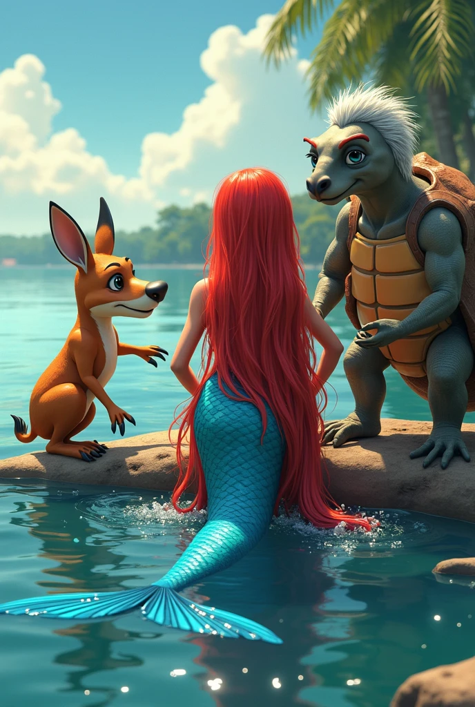 Je veux une image très réaliste de Ondine de Pokémon qui est dans l’eau dans un lac. Elle nage avec ses pokemon. On voit les 3 jolies soeurs de Ondine qui lui font signe sur le bord du lac.