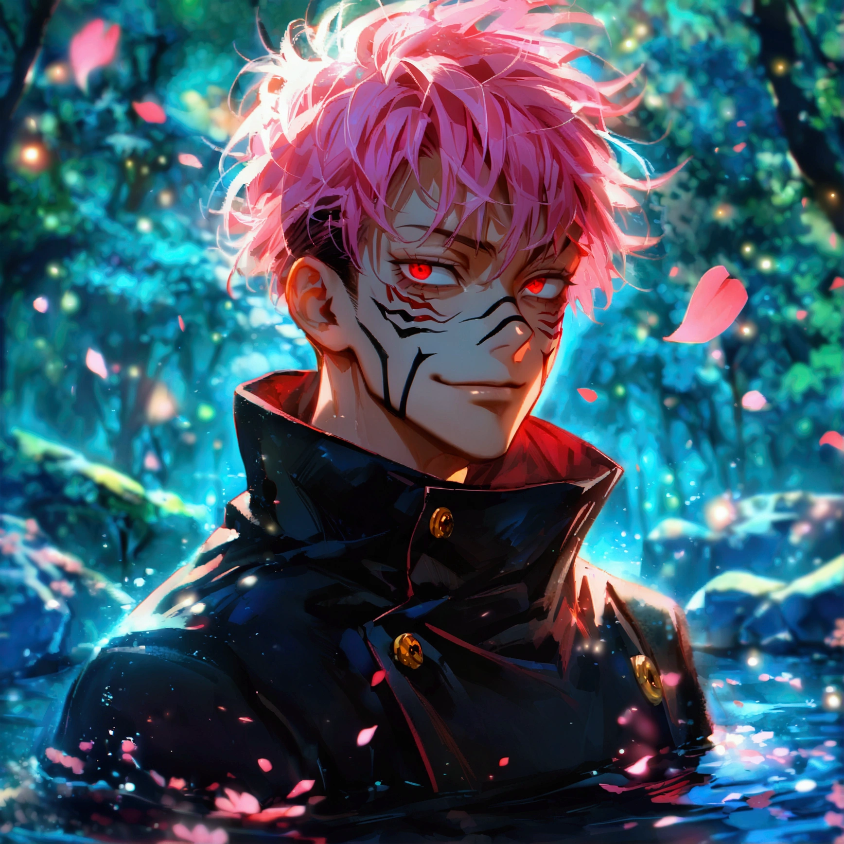 Ultra detailed, highres, absurdres, HDR, Ryomen Sukuna, pink hair, red eyes, Jujutsu Kaisen, black jacket, handsome, 1 man only, mad expression, fireflies, blue forest, petals, water, evil smile