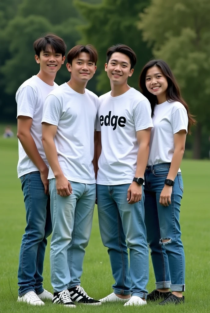 family photo consisting of four people. studio photo cream background