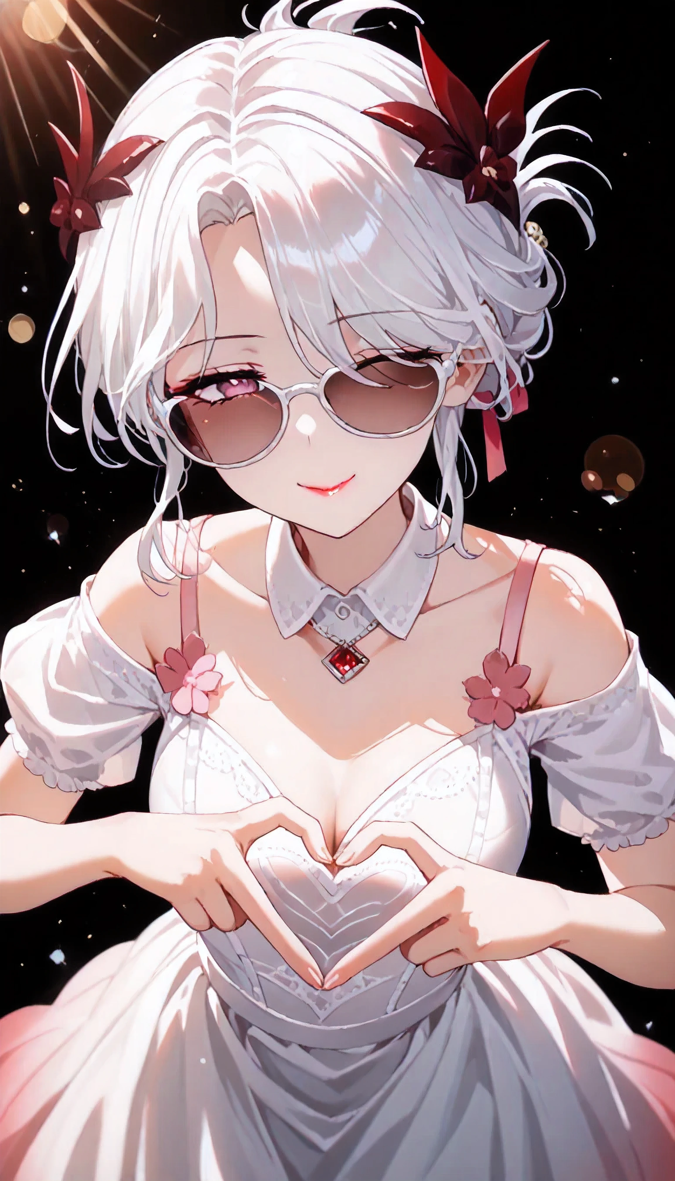 UN\(EOE\),one girl,solo,best quality, masterpiece, ,,break,1girl,(succubus,bokeh bakcground,from above,leaning_forward,), (sunlight),,break, incredibly_absurdres, ,very high resolution, very aesthetic,by famous artist, 8k, 16k,,beauty illustration,photoshop_(small),,(pink eyes:1.2,one closed eye),(white hair|Detailed hair|short hair|shiny hair|curtained hair|folded ponytail|sidelocks|covered ears),(pink and black Women's Collared Off-Shoulder Bodycon Long Dress, Slim Fit,red sunglasses),POV,(sleepy, depressed,smile,jitome),dilated pupils, empty eyes,one mole under eye,tareme,hair strand, hair over one eye,evil smile, naughty face, red lips,hair ornament,unbuttoned clothes,(heart hands, 4-Finger Heart Hands,)