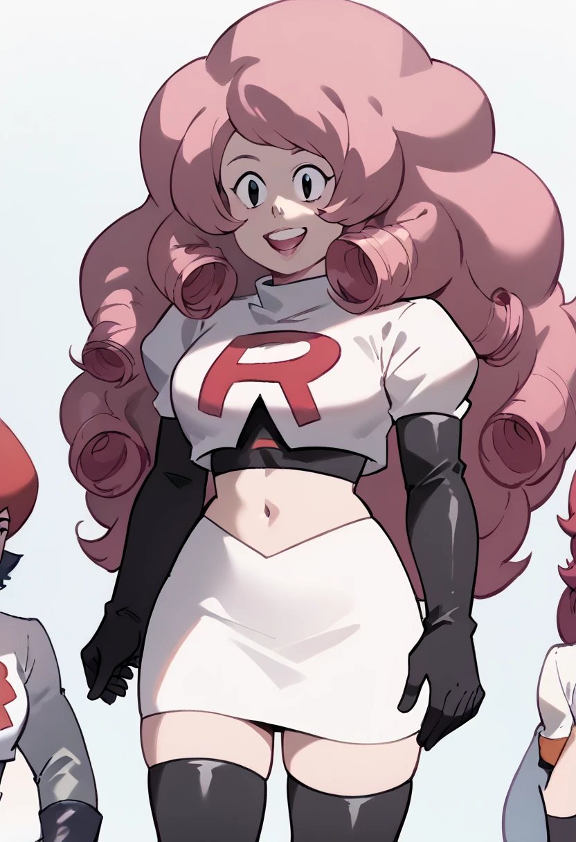 Rose Quartz, black eyes, zPDXL, best quality, amazing quality, score 9, 1girl, happy, content, team rocket,team rocket uniform,white skirt,red letter R,crop top,black thigh-highs,black elbow gloves