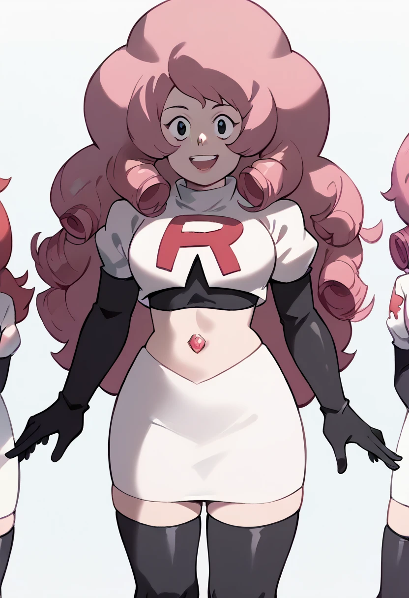 Rose Quartz, black eyes, zPDXL, best quality, amazing quality, score 9, 1girl, happy, content, team rocket,team rocket uniform,white skirt,red letter R,crop top,black thigh-highs,black elbow gloves