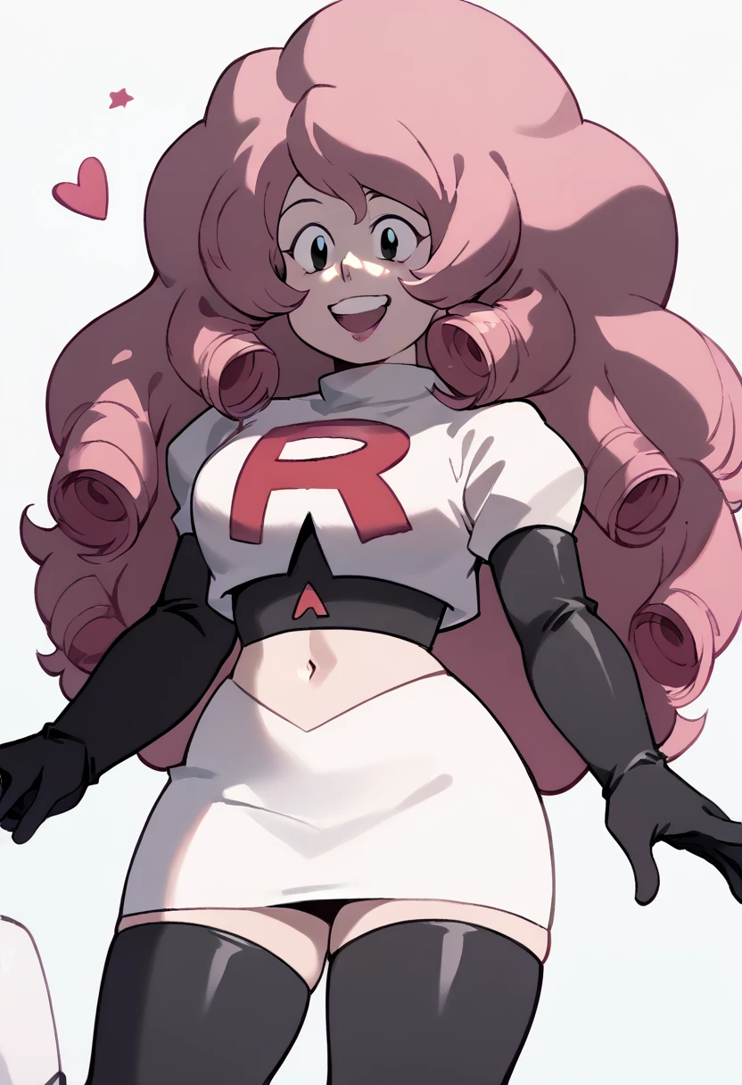 Rose Quartz, black eyes, zPDXL, best quality, amazing quality, score 9, 1girl, happy, content, team rocket,team rocket uniform,white skirt,red letter R,crop top,black thigh-highs,black elbow gloves