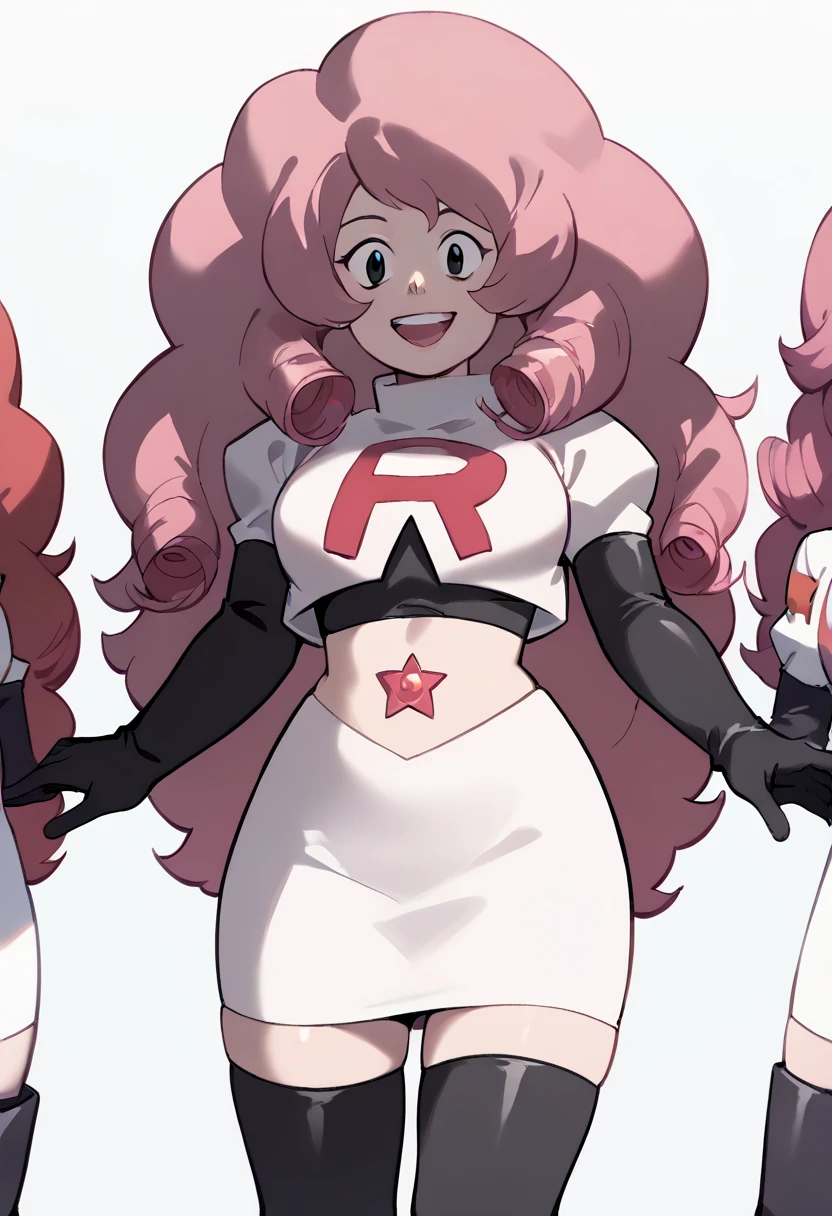 Rose Quartz, black eyes, zPDXL, best quality, amazing quality, score 9, 1girl, happy, content, team rocket,team rocket uniform,white skirt,red letter R,crop top,black thigh-highs,black elbow gloves