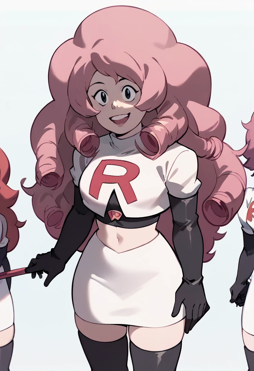 Rose Quartz, black eyes, zPDXL, best quality, amazing quality, score 9, 1girl, happy, content, team rocket,team rocket uniform,white skirt,red letter R,crop top,black thigh-highs,black elbow gloves