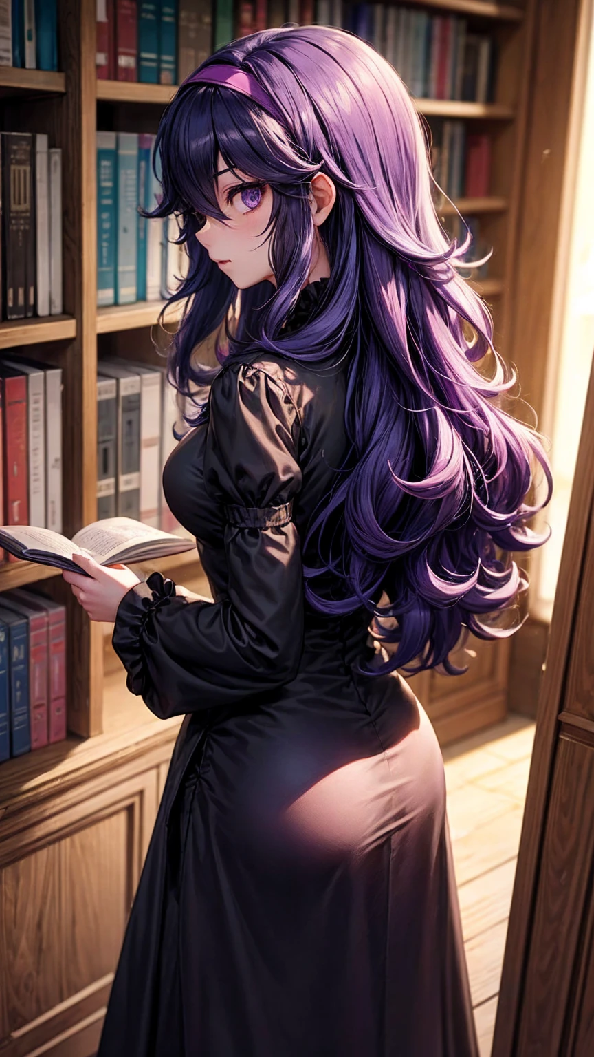  hex maniac,  headband,  messy hair,  purple eyes, Purple Hair, purple  headband, @ @,
black  dress,  dress, long  dress,  Long Sleeve ,  Juliet sleeve,
indoor, library,  bend your back,
 viewers,  cowboy shot,  Dutch angle to the side,