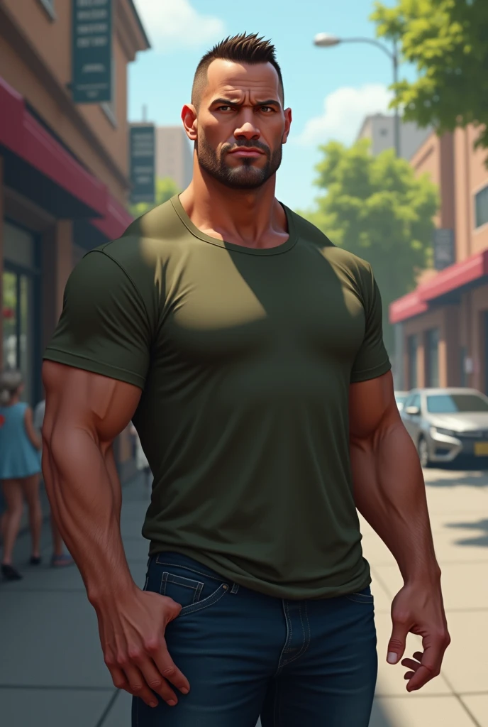 6 feet tall body builder white bald men wearing unbuttoned double pocket check shirt with logos at park