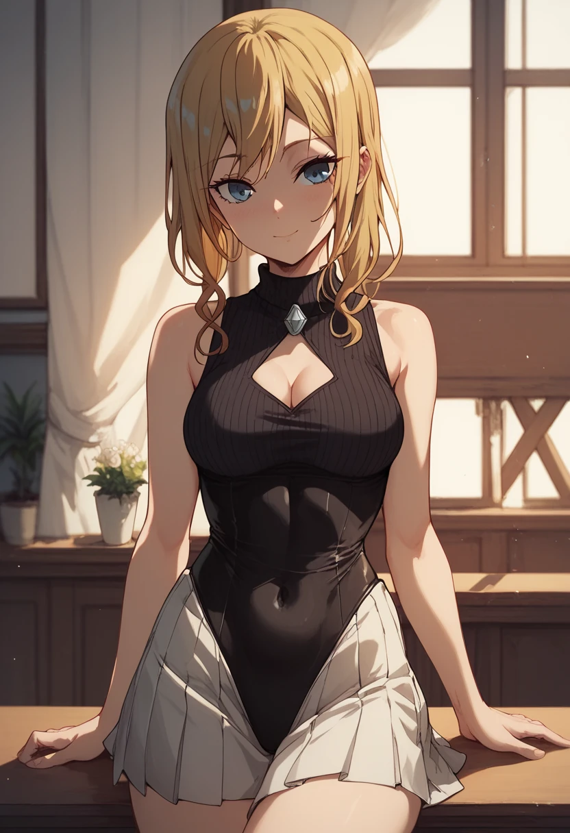 Hayasaka Ai, black Pure Shredded Desire Sweater, sleeveless, through leotard, Skirt, cutout at the bottom of the chest 