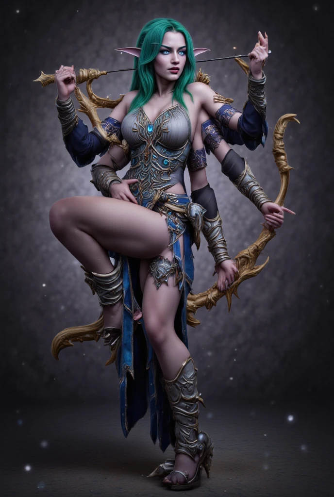 Theaded woman,woman with two heads, conjoined woman, two heads side by side, left head, right head, tyrande whisperwind,tyrande whispersind with two heads, two headed tyrande whisperwind, tyrande whisperwind outfit, woman with four arms, four armed woman,tyrande whisperwind with four arms, two pairs of arms,upper pair of arms,lower pair of arms, upper right hand holding bow, upper left hand holding arrow, lower right hand on her hip,lower left hand hanging, showing cleavage, open cleavage, big breasts,green hair, two heads looking at viewer,glowing blue eyes on both heads,seductive look