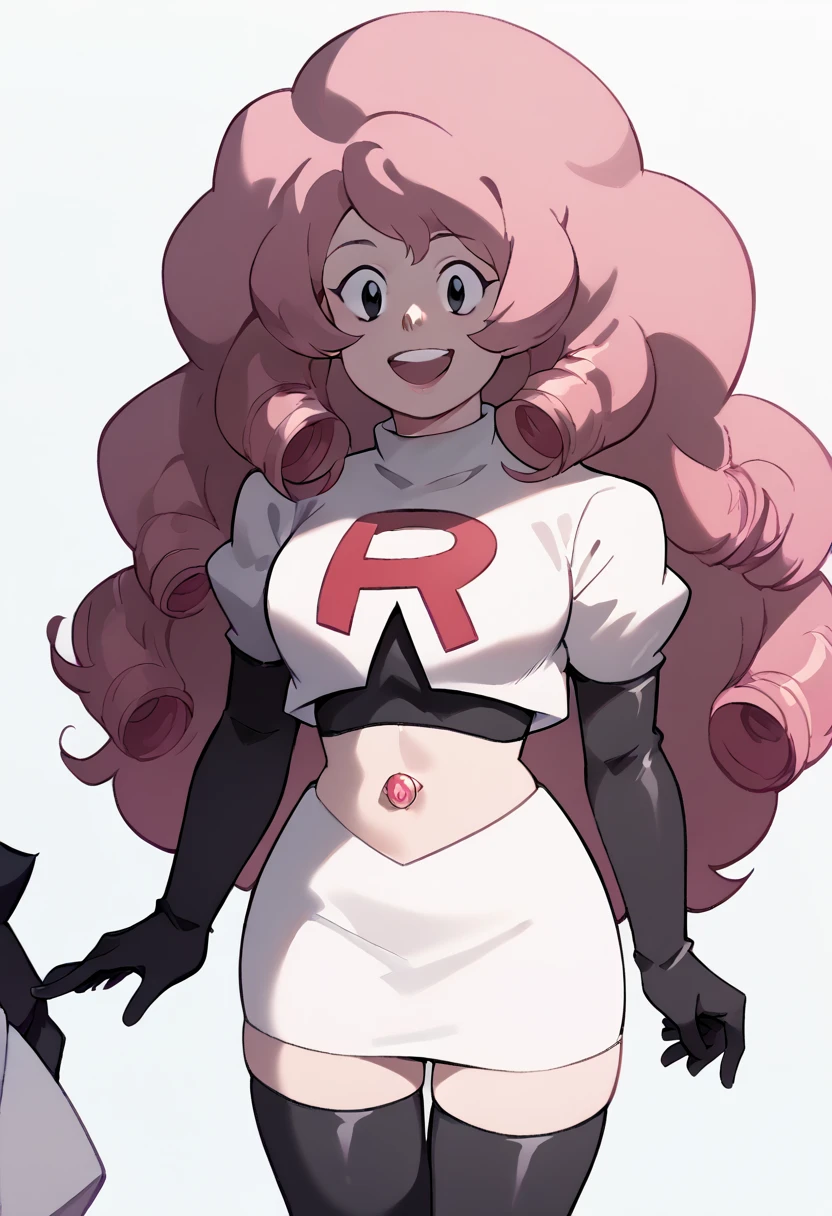 Rose Quartz, black eyes, zPDXL, best quality, amazing quality, score 9, 1girl, happy, content, team rocket,team rocket uniform,white skirt,red letter R,crop top,black thigh-highs,black elbow gloves