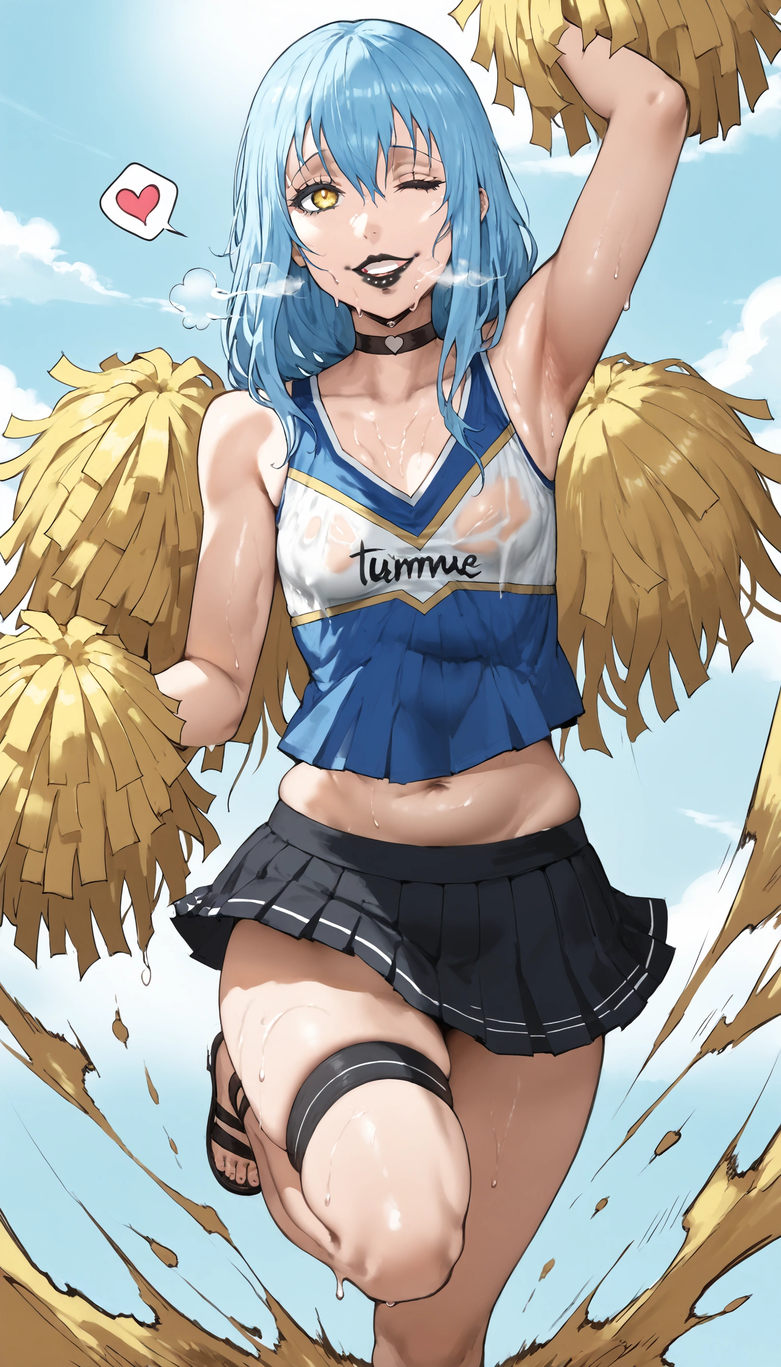 asura style, GrRimuru, rimuru tempest, long hair, hair between eyes, blue hair, yellow eyes, androgynous, mature female, (black lipstick, black lips:1.3), (small breasts:1.3), BREAK detailed eyes, (perfect hands, perfect anatomy), detailed eyes, (perfect hands, perfect anatomy), (skindentation:1.2), Anime Style, Manga Style, Hand drawn, cinematic, Sharp focus, humorous illustration, big depth of field, Masterpiece, concept art, trending on artstation, Vivid colors, Simplified style, trending on ArtStation, trending on CGSociety, Intricate, Vibrant colors, Soft Shading, Simplistic Features, Sharp Angles, Playful, excessive sweating, sweating profusely, sweating drop, (gasping, heavy breathing:1.2), (glow effect:1.2), BREAK, solo, looking_at_viewer, wet, wet_clothes, standing, collarbone, outdoors, backlighting, ((protruding breasts:1.3)), BREAK, hearts, pleasured, large breasts, sagging breasts, 1girl, breasts, pom pom \(cheerleading\), cheerleader, solo, skirt, one eye closed, navel, smile, midriff, crop top, open mouth, full body, panties, field, looking at viewer, underwear, white background, pleated skirt, thigh strap, thighs, sandals, sleeveless, arm up, bare shoulders, choker, cloudy sky, dusk,