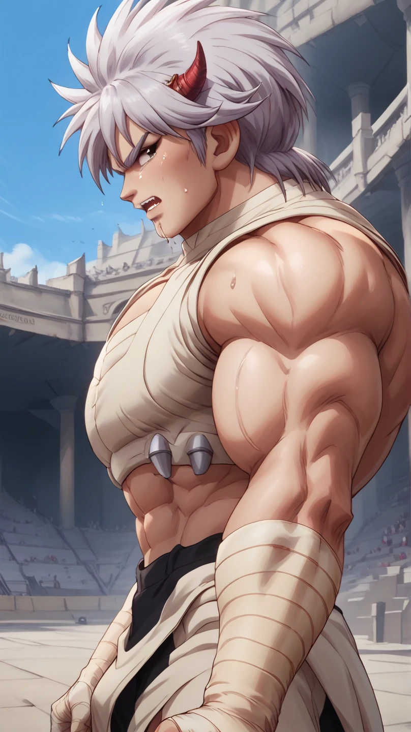 Hyunckel,bandage, Silver Hair, huge muscles,18-year-old boy,Huge penis, anal sex, open your arms wide and clench your fists, Open Big Mouth, large number of protruding blood vessels ,((Gives off an evil aura)), Painful Expression ,,Lots of sweat, tears, and drooling, in the middle of the Colosseum , Toned Muscles, rape,Demon Body,The devil takes over,brainwashing,Muscle Pose,score_9,score_8_up,score_7_up,source_anime,HD,Hyunckel,lavender hair, black eyes, looking at viewer, light rays,posing, bandages, bandages covered body,nsfw,Gigantic erect 　 penis