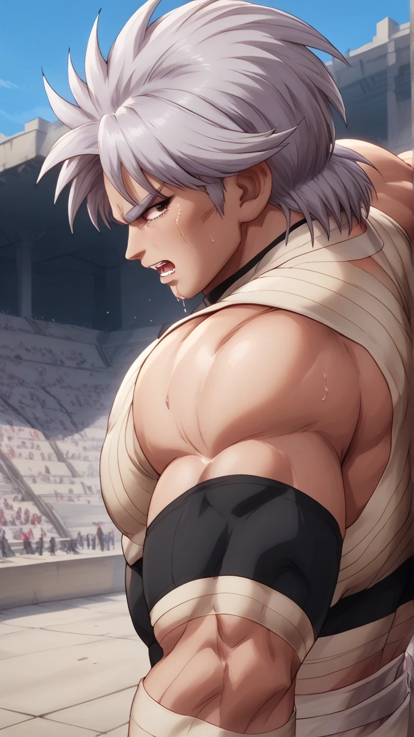 Hyunckel,bandage, Silver Hair, huge muscles,18-year-old boy,Huge penis, anal sex, open your arms wide and clench your fists, Open Big Mouth, large number of protruding blood vessels ,((Gives off an evil aura)), Painful Expression ,,Lots of sweat, tears, and drooling, in the middle of the Colosseum , Toned Muscles, rape,Demon Body,The devil takes over,brainwashing,Muscle Pose,score_9,score_8_up,score_7_up,source_anime,HD,Hyunckel,lavender hair, black eyes, looking at viewer, light rays,posing, bandages, bandages covered body,nsfw,Gigantic erect 　 penis