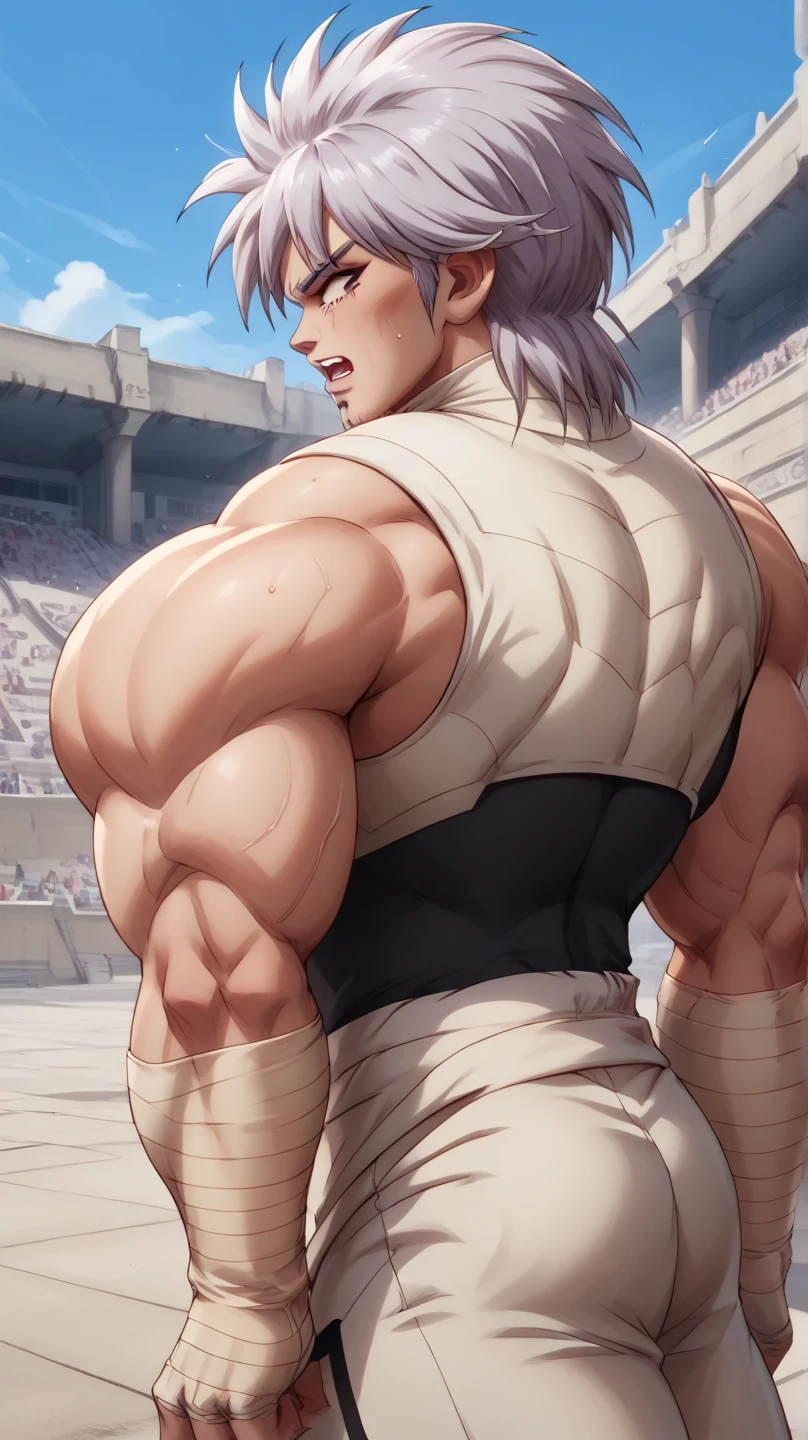 Hyunckel,bandage, Silver Hair, huge muscles,18-year-old boy,Huge penis, anal sex, open your arms wide and clench your fists, Open Big Mouth, large number of protruding blood vessels ,((Gives off an evil aura)), Painful Expression ,,Lots of sweat, tears, and drooling, in the middle of the Colosseum , Toned Muscles, rape,Demon Body,The devil takes over,brainwashing,Muscle Pose,score_9,score_8_up,score_7_up,source_anime,HD,Hyunckel,lavender hair, black eyes, looking at viewer, light rays,posing, bandages, bandages covered body,nsfw,Gigantic erect 　 penis