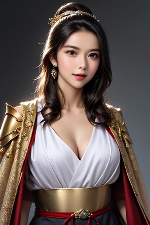 ((The upper body of a female warrior wearing gold and red armor and a cloak:1.4)),1 person,  black hair,  belly shortcut   ,Big breasts and cleavage,  high-definition face and skin texture  ,  staring at the camera,   Chinese Warrior:1.2,  perfect beauty: 1.4, fine grain,  double eyelids in a judo suit ,  whitening for women with bristles, top quality ,  super high res ,  simple background，Symmetrical Normal Eyes   , hair accessories, Slim Waist ,