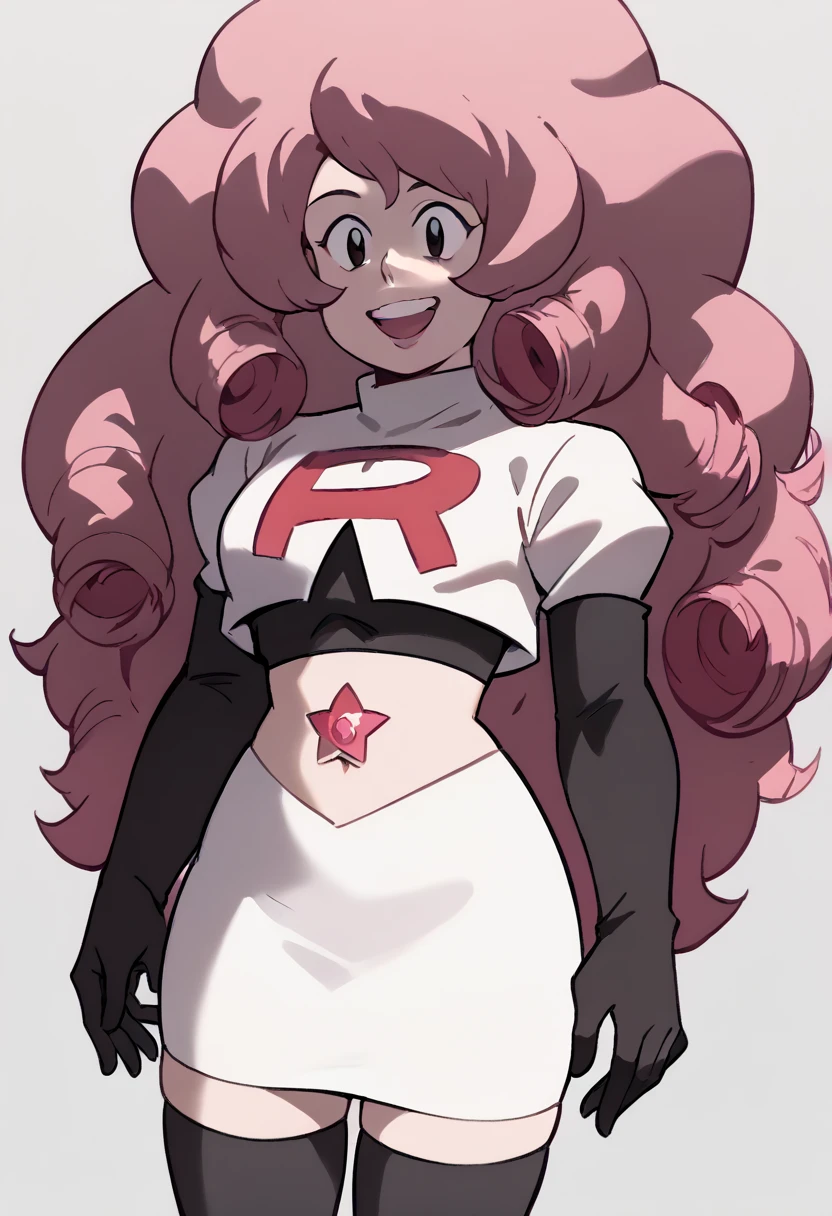 Rose Quartz, black eyes, zPDXL, best quality, amazing quality, score 9, 1girl, happy, content, gem, team rocket,team rocket uniform,white skirt,red letter R,crop top,black thigh-highs,black elbow gloves