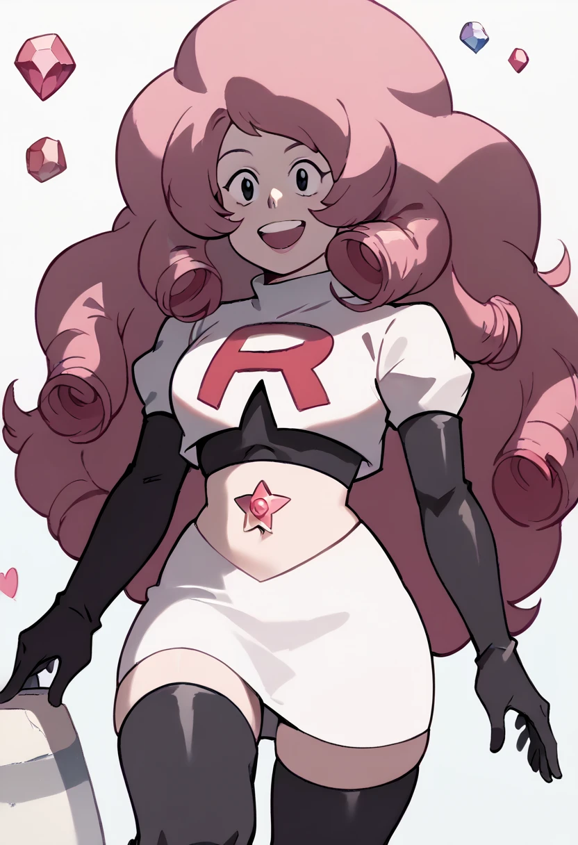 Rose Quartz, black eyes, zPDXL, best quality, amazing quality, score 9, 1girl, happy, content, gem, team rocket,team rocket uniform,white skirt,red letter R,crop top,black thigh-highs,black elbow gloves