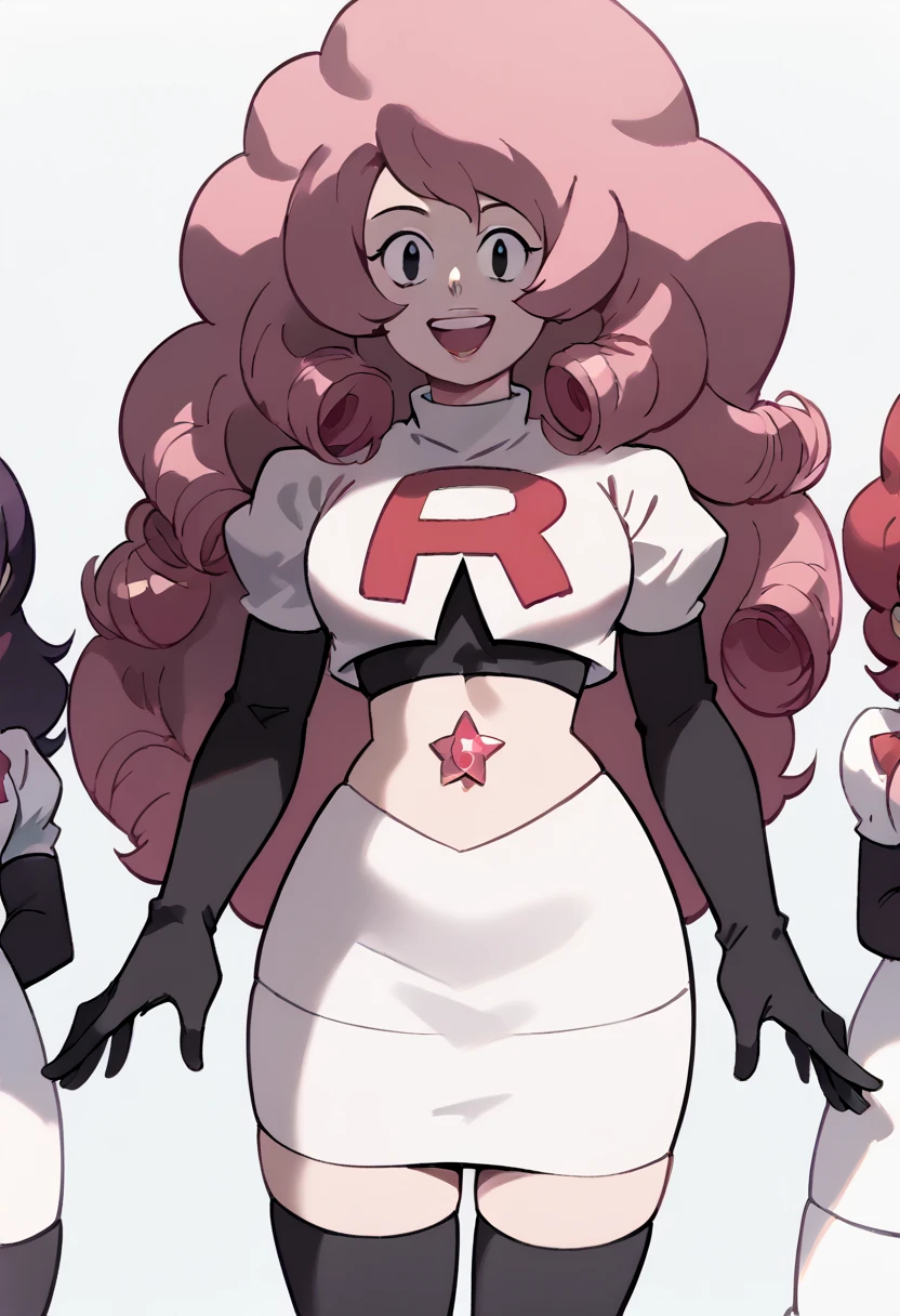 Rose Quartz, black eyes, zPDXL, best quality, amazing quality, score 9, 1girl, happy, content, gem, team rocket,team rocket uniform,white skirt,red letter R,crop top,black thigh-highs,black elbow gloves