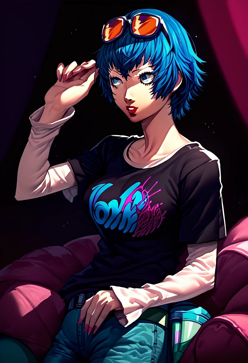 1 girl, sunglasses on head, lipstick, black t-shirt, clothes writing, layered sleeves, large breasts, jeans, Naoto Shirogane, blue hair, blue eyes