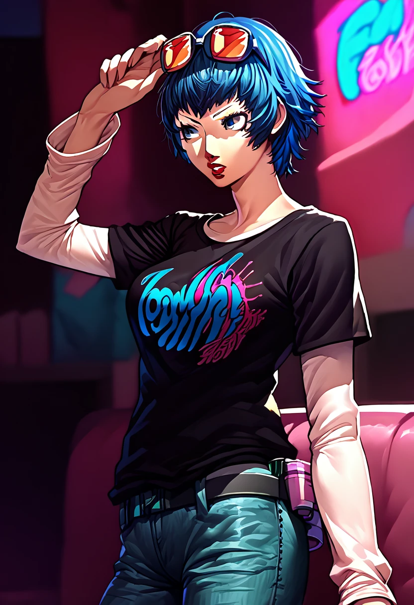 1 girl, sunglasses on head, lipstick, black t-shirt, clothes writing, layered sleeves, large breasts, jeans, Naoto Shirogane, blue hair, blue eyes