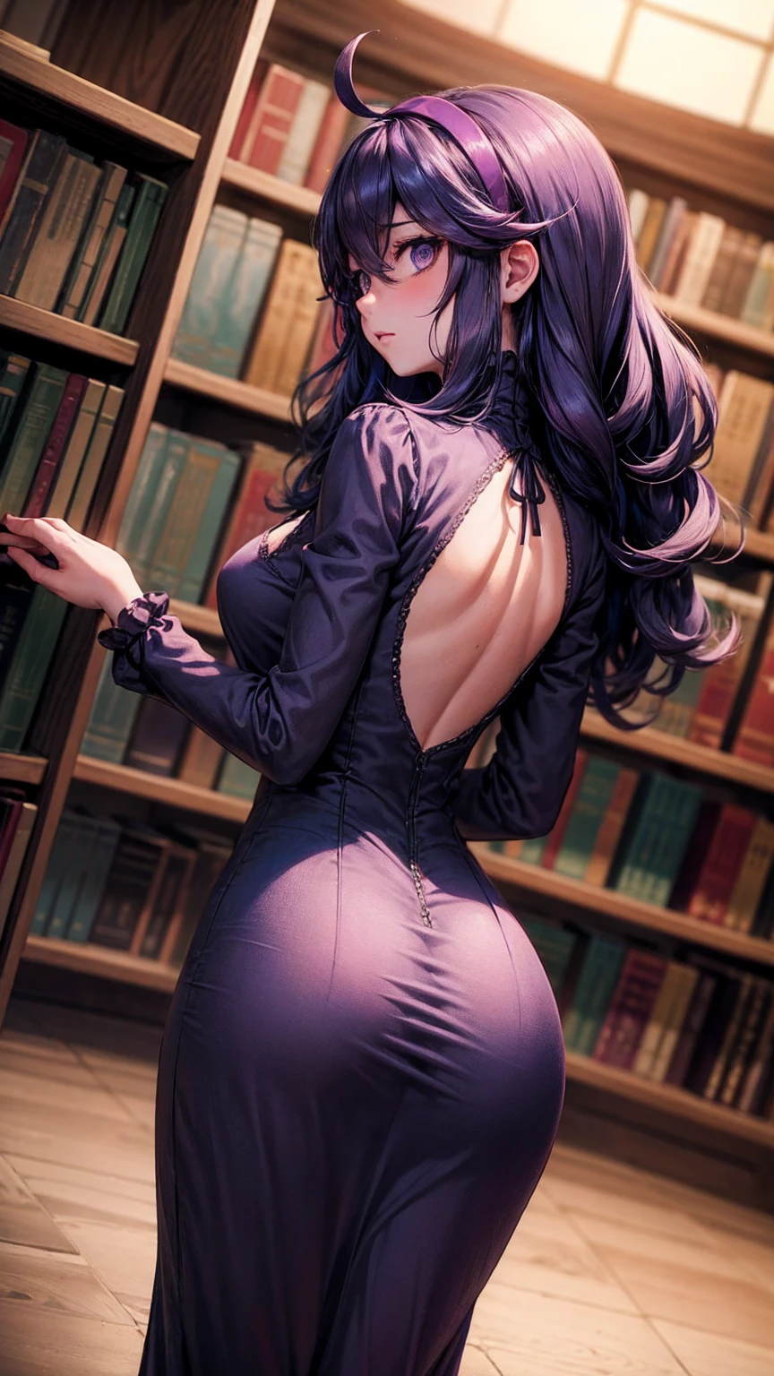  hex maniac,  headband,  messy hair,  purple eyes, Purple Hair, purple  headband, @ @,
black  dress,  dress, long  dress,  Long Sleeve ,  Juliet sleeve,
indoor, library,  bend your back,
 viewers,  cowboy shot,  Dutch angle to the side,