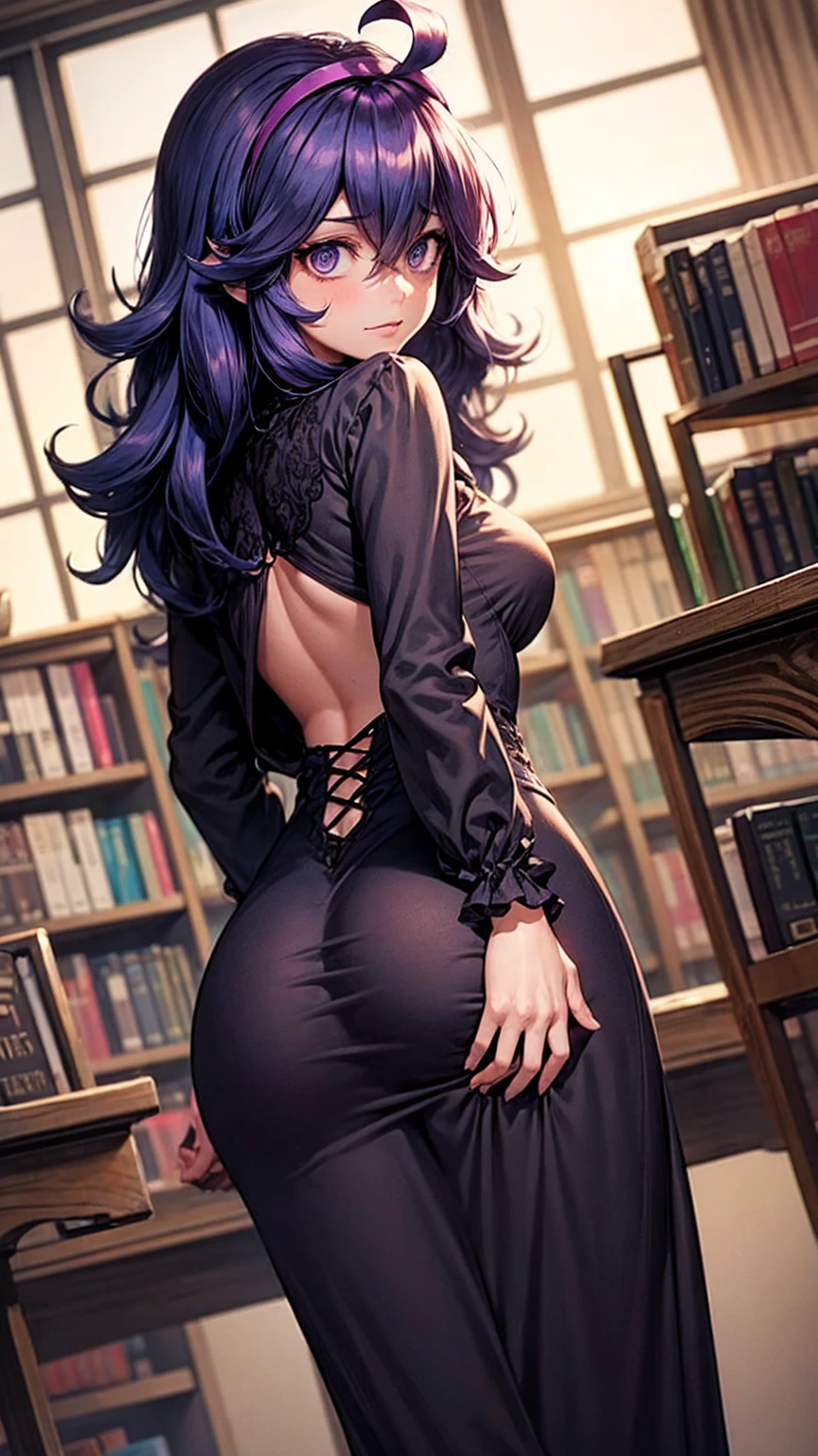  hex maniac,  headband,  messy hair,  purple eyes, Purple Hair, purple  headband, @ @,
black  dress,  dress, long  dress,  Long Sleeve ,  Juliet sleeve,
indoor, library,  bend your back,
 viewers,  cowboy shot,  Dutch angle to the side,