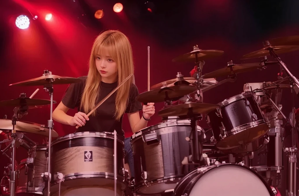 GirlThe Russian child with 15 years of age WITH RED LEATHER JACKET, WITH LONG STRAIGHT HAIR blond, PORTRAIT STYLE, , Arafed drummer with beard and black shirt in front of a drum kit, GREEN BACKGROUND LIGHTS.