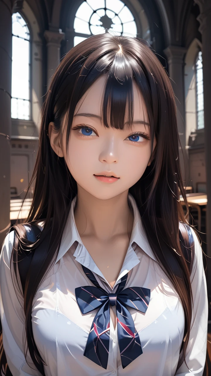 score_9,score_8_up,score_7_up,rating_safe,Vector Art,hd cg,1girl,(small face:1.2),Relaxed mouth,(big eyes:0.9),blue eyes,(look at Viewer:1.3),oily Skin,skin highlights,underbust,bangs,lapel collar,(school uniform:1.3),Long sleeves,See-through,standing,Castle,(Dark Room:1.3),pov,upperbody,