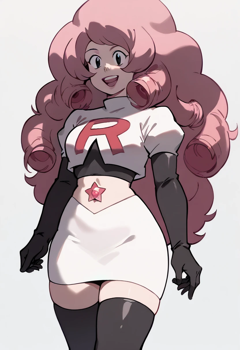 Rose Quartz, black eyes, zPDXL, best quality, amazing quality, score 9, 1girl, happy, content, gem, team rocket,team rocket uniform,white skirt,red letter R,crop top,black thigh-highs,black elbow gloves