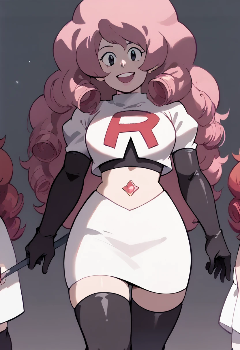 Rose Quartz, black eyes, zPDXL, best quality, amazing quality, score 9, 1girl, happy, content, gem, team rocket,team rocket uniform,white skirt,red letter R,crop top,black thigh-highs,black elbow gloves