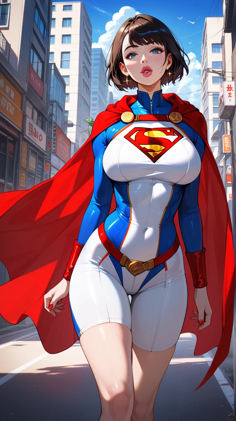 Two girls. Masterpiece. Two busty babes. Gloomy city, night, dim lights, under pouring rain, soaking wet. On skyscrapers roof tops, two hugely busty babes are undressing in front of each other, exposing their huge breasts and nipples. First, Supergirl in her signature blue and red outfit, with logo on chest and a red cape. Second, Power Girl in her signature white outfit with a cutout on the chest, red cape attached on left side of outfit. Two girls together. Girl power. Girl passionate love. HD. High quality.