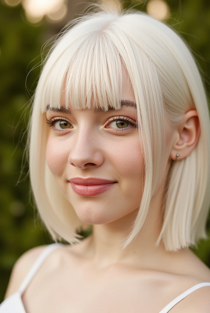 pretty female, cute face, portrait taken in a backyard, white bangs haircut, her skin is fair, short and sweet perfect body, posing for the camera smiling realistic and detailed photograph, early morning sunrise,