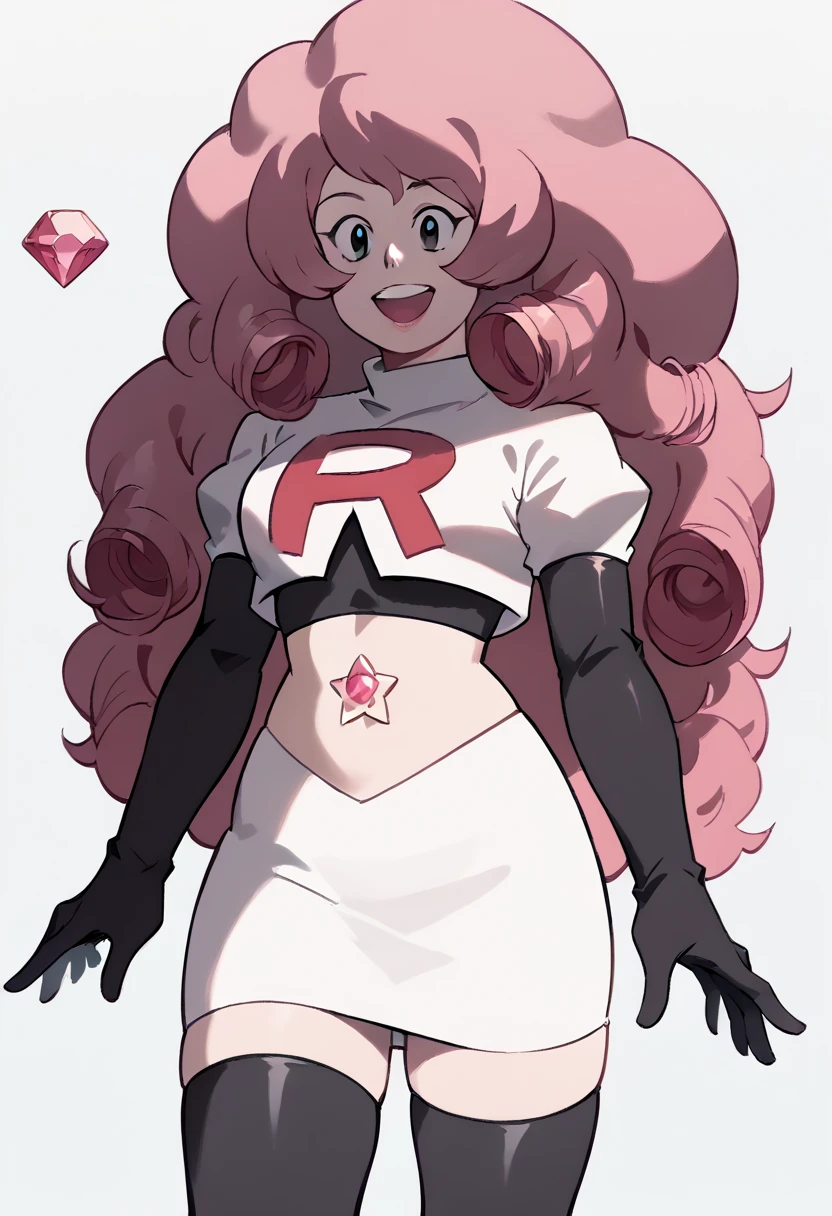 Rose Quartz, black eyes, zPDXL, best quality, amazing quality, score 9, 1girl, happy, content, gem, team rocket,team rocket uniform,white skirt,red letter R,crop top,black thigh-highs,black elbow gloves