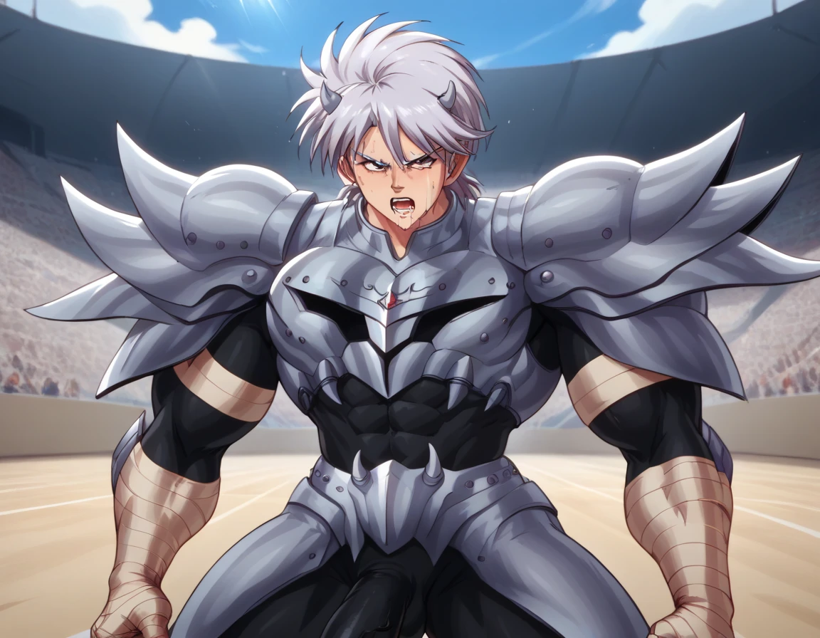 Hyunckel,bandage, Silver Hair, huge muscles,18-year-old boy,Huge penis, anal sex, open your arms wide and clench your fists, Open Big Mouth, large number of protruding blood vessels ,((Gives off an evil aura)), Painful Expression ,,Lots of sweat, tears, and drooling, in the middle of the Colosseum ,Slim waist, rape,Demon Body,The devil takes over,brainwashing,Muscle Pose,score_9,score_8_up,score_7_up,source_anime,HD,Hyunckel,lavender hair, black eyes, looking at viewer, light rays,posing, bandages, bandages covered body,nsfw,gigantic penis,Silver Armor,hyper muscle