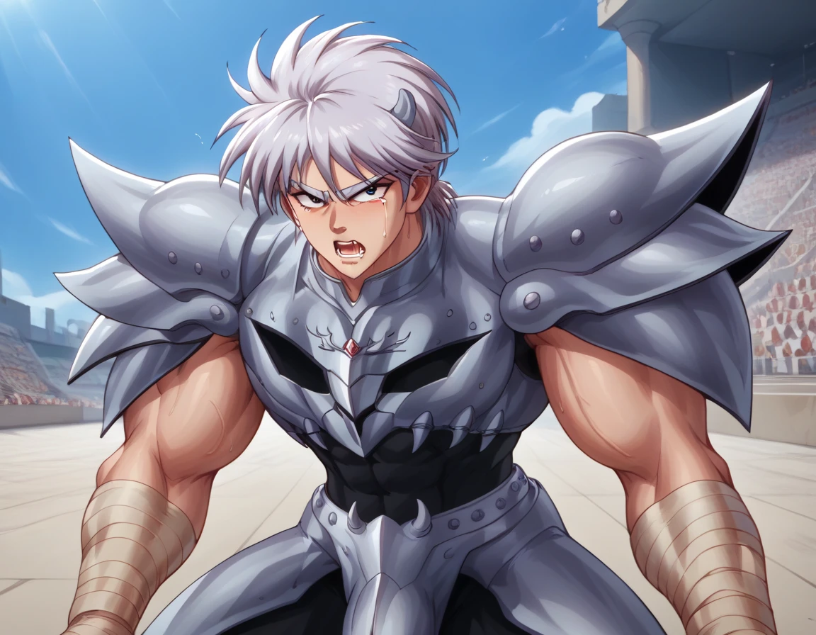 Hyunckel,bandage, Silver Hair, huge muscles,18-year-old boy,Huge penis, anal sex, open your arms wide and clench your fists, Open Big Mouth, large number of protruding blood vessels ,((Gives off an evil aura)), Painful Expression ,,Lots of sweat, tears, and drooling, in the middle of the Colosseum ,Slim waist, rape,Demon Body,The devil takes over,brainwashing,Muscle Pose,score_9,score_8_up,score_7_up,source_anime,HD,Hyunckel,lavender hair, black eyes, looking at viewer, light rays,posing, bandages, bandages covered body,nsfw,gigantic penis,Silver Armor,hyper muscle