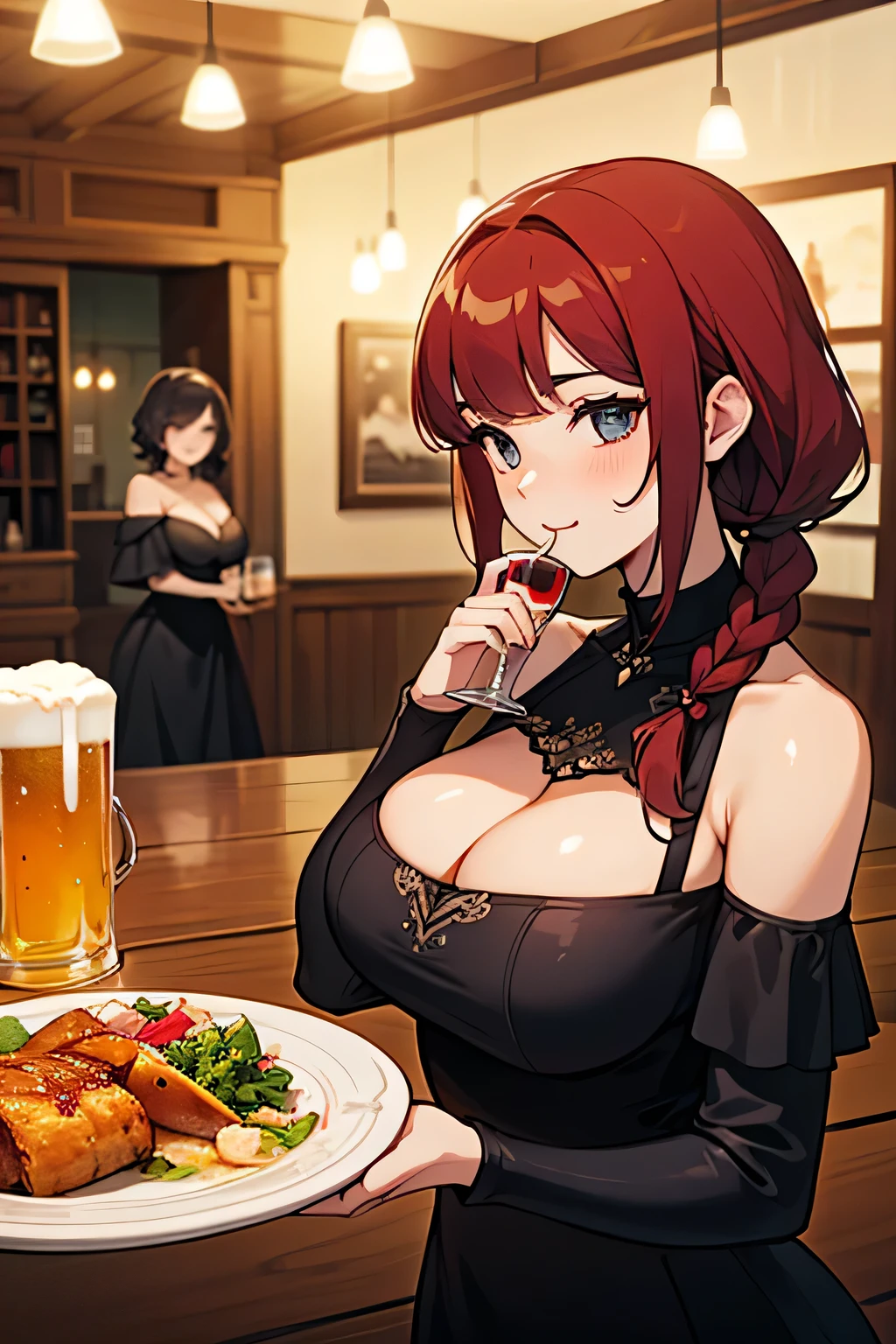  top quality 、 high res、( high image quality:1.2)、masterpiece、 detailed background 、( Beautiful face in every detail :1.4)、 very detailed face、 anatomically correct 、(Normal number of fingers:1.2)、 detailed eyes、 beautiful woman in her 20s 、( huge breasts:1.3)、 perfect body line 、 brightly colored hair color 、 braided bob cut、 ponytail、 gourmet event 、 black off shoulder dress、 elegant dress with a floral pattern 、 Fun Atmosphere 、 a beautiful scene like a scene from a movie 、

( Two beautiful women enjoying wine and craft beer from around the world lined up at each booth :1.5)、( two beautiful women eating diverse dishes :1.5)、

 an event venue where you can sample wines and craft beers from around the world 、 The lights of the venue reflect through the glass she holds in her hand, adding sparkle 、 a booth serving German craft beer 、 while the clerk explains with a smile 、Lina is curious 々 looking at the bubbling of beer 、 The appearance of the girls illuminated by the lights at the venue seemed to symbolize the appeal of the event itself、 Very Beautiful