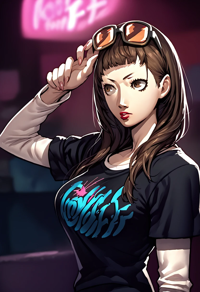 1 girl, sunglasses on head, lipstick, black t-shirt, clothes writing, layered sleeves, large breasts, jeans, Kuon Ichinose, brown hair, brown eyes, long hair