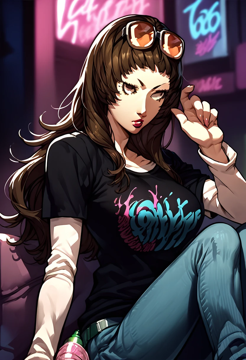 1 girl, sunglasses on head, lipstick, black t-shirt, clothes writing, layered sleeves, large breasts, jeans, Kuon Ichinose, brown hair, brown eyes, long hair