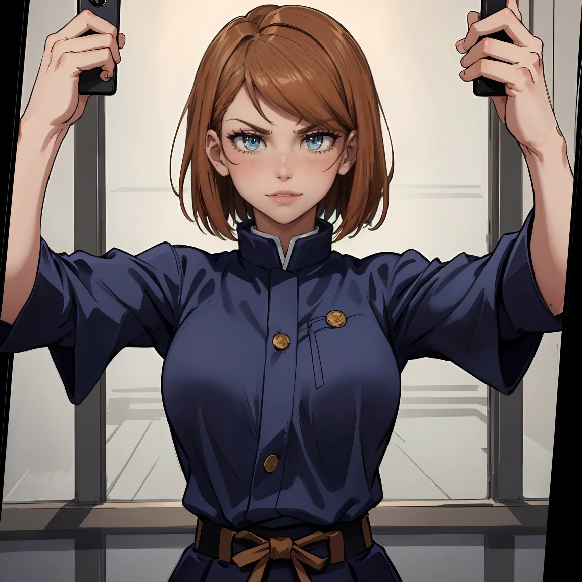 (masterpiece:1.2, best quality:1.2, beautiful, high quality, highres:1.1), 1girl, detailed, short hair, short brown hair, short brown hair, extremely detailed 4K, perfect eyes, perfect face, jujutsu kaisen, uniform, dark clothes only, 1girl , circle arms, serious gaze, ready for battle, jujutsu uniform, full uniform,dark blue clothes, dark clothes, fully clothed, showing body, upper body, selfie, combat face, brown shiny eyes, brown colored eyes, upper body, portrait, posinf hands, calm face, happy attitude, posing, hands, arms, side bangs, short hair, scars on body, Nobara Kugisaki, perfect eyes dangerous, brown colored eyes, exotica, Nobara Kugisaki LoRA, blue shirt, jujutsu uniform, beautiful view, background, sleeves, beautiful face, perfect lighting, (1girl, solo, adult female, mature female), thin, lithe body, Nobara, light brown, (medium breasts), ((sensual seductive))