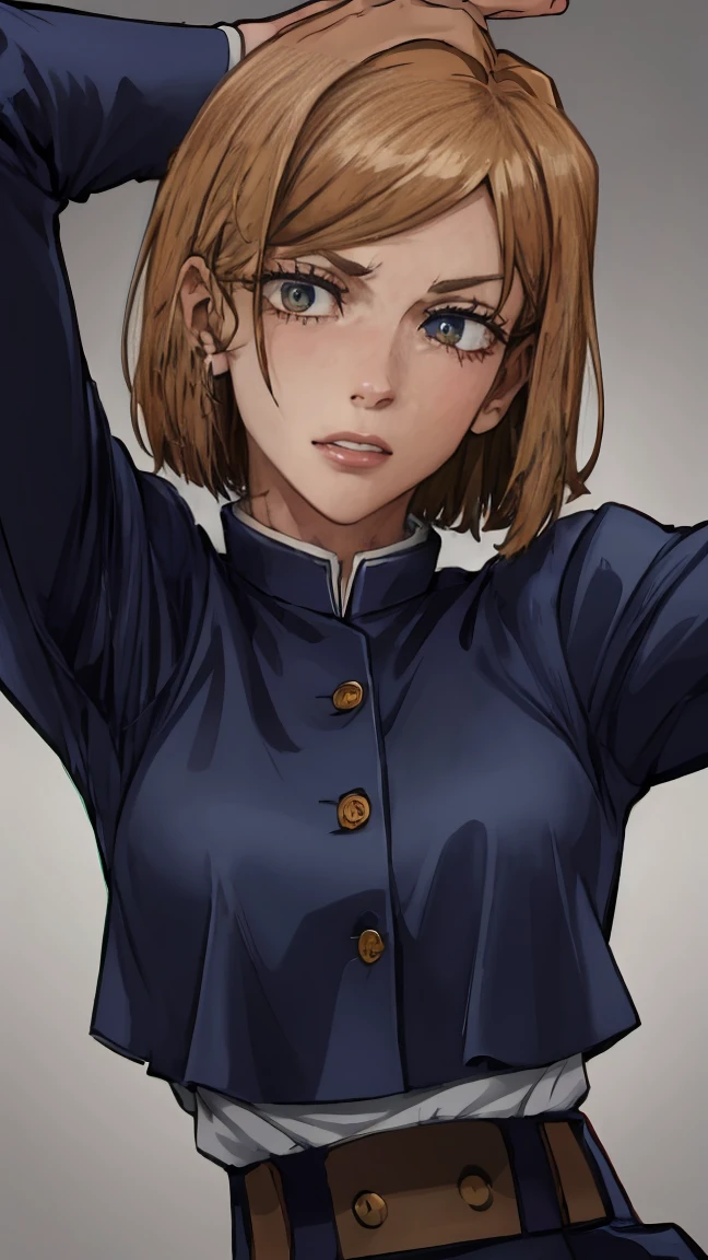 (masterpiece:1.2, best quality:1.2, beautiful, high quality, highres:1.1), 1girl, detailed, short hair, short brown hair, short brown hair, extremely detailed 4K, perfect eyes, perfect face, jujutsu kaisen, uniform, dark clothes only, 1girl , circle arms, serious gaze, ready for battle, jujutsu uniform, full uniform,dark blue clothes, dark clothes, fully clothed, showing body, upper body, selfie, combat face, brown shiny eyes, brown colored eyes, upper body, portrait, posinf hands, calm face, happy attitude, posing, hands, arms, side bangs, short hair, scars on body, Nobara Kugisaki, perfect eyes dangerous, brown colored eyes, exotica, Nobara Kugisaki LoRA, blue shirt, jujutsu uniform, beautiful view, background, sleeves, beautiful face, perfect lighting, (1girl, solo, adult female, mature female), thin, lithe body, Nobara, light brown, (medium breasts), ((sensual seductive))