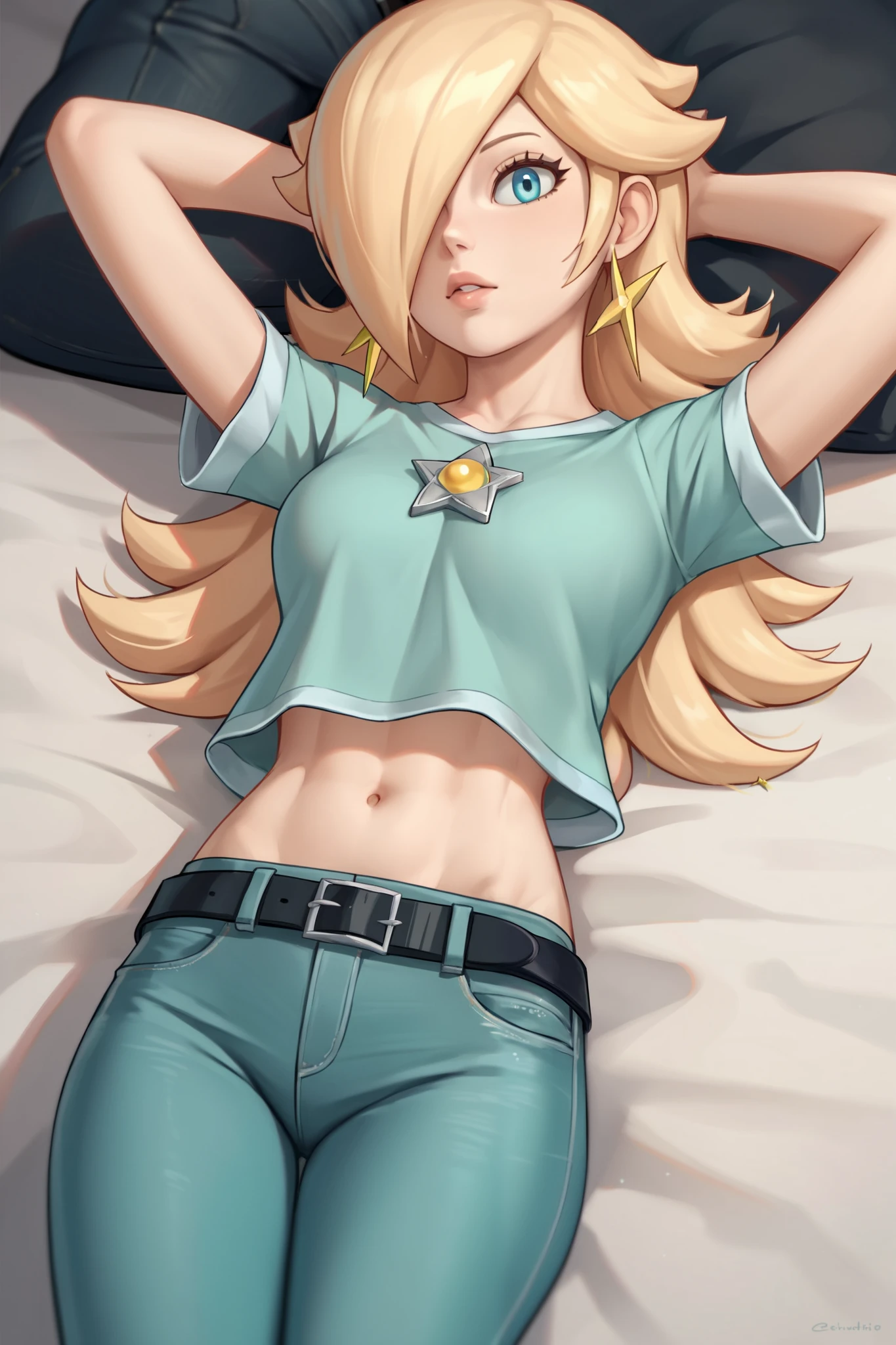 score_9, score_8_up, score_7_up, source_anime, rosalina, blonde hair, blue eyes, hair over one eye, long hair, star earrings, solo, cowboy shot, black t-shirt, taut clothes, tight shirt, midriff, navel, jeans, black belt, laying, arms up