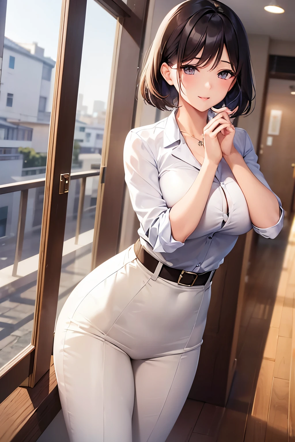 woman,smile,Bob Hair, Dark brown hair,Large Breasts,Company Office