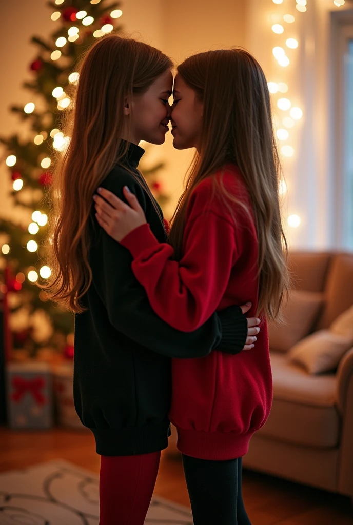 , baby ll, brand ninda, delicate, smiling, at home, very long and straight hair , black and red leggings, Christmas mood , pantyhose , Photo, realistic, real, kissing, se kissing s, two girls together, lesbians