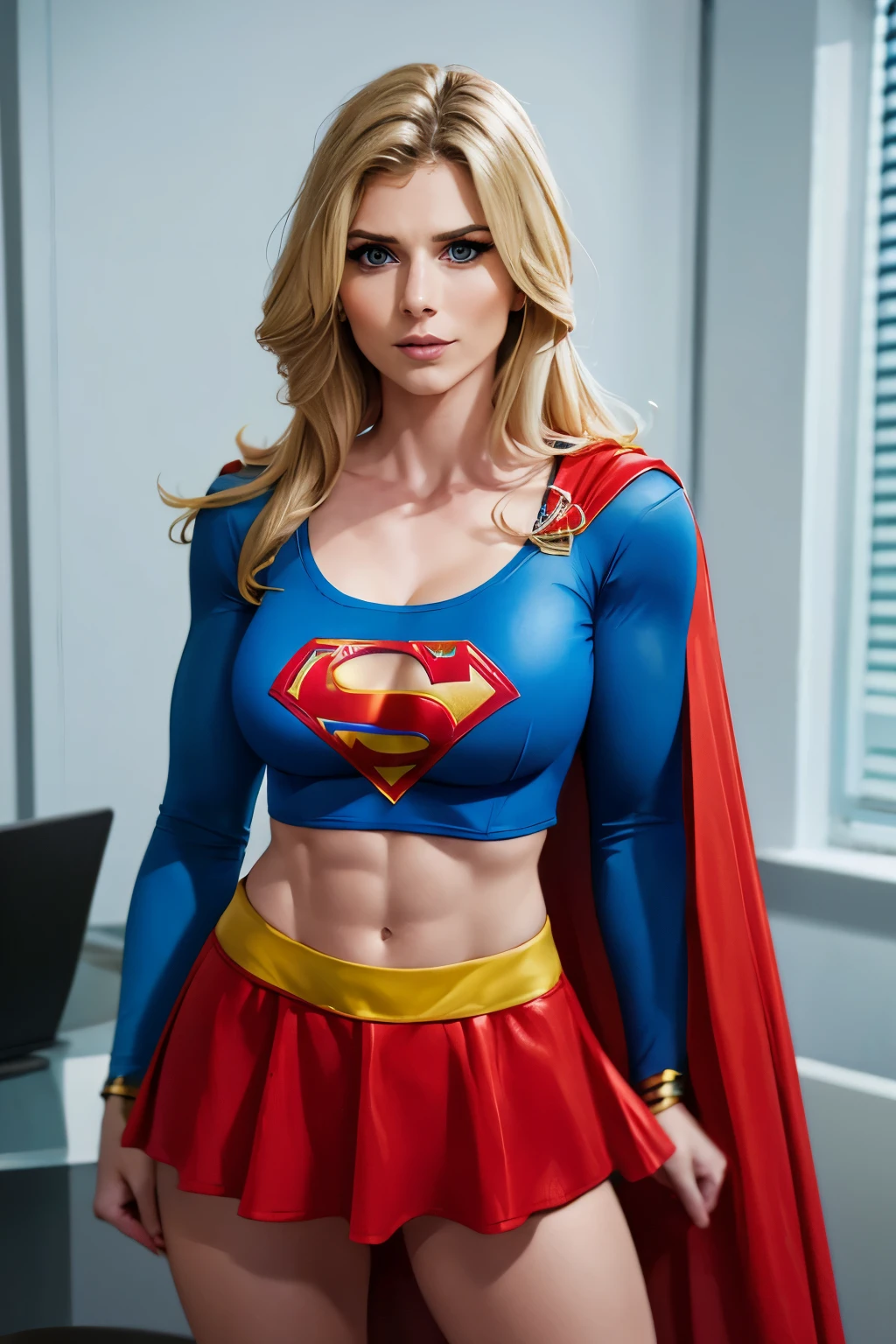 A woman wearing a light blue costume with a red cape, Super heroine, blonde, original superheroine, musuclar, supergirl Costume with a midriff cutoff, big breast, short skirt,, short top