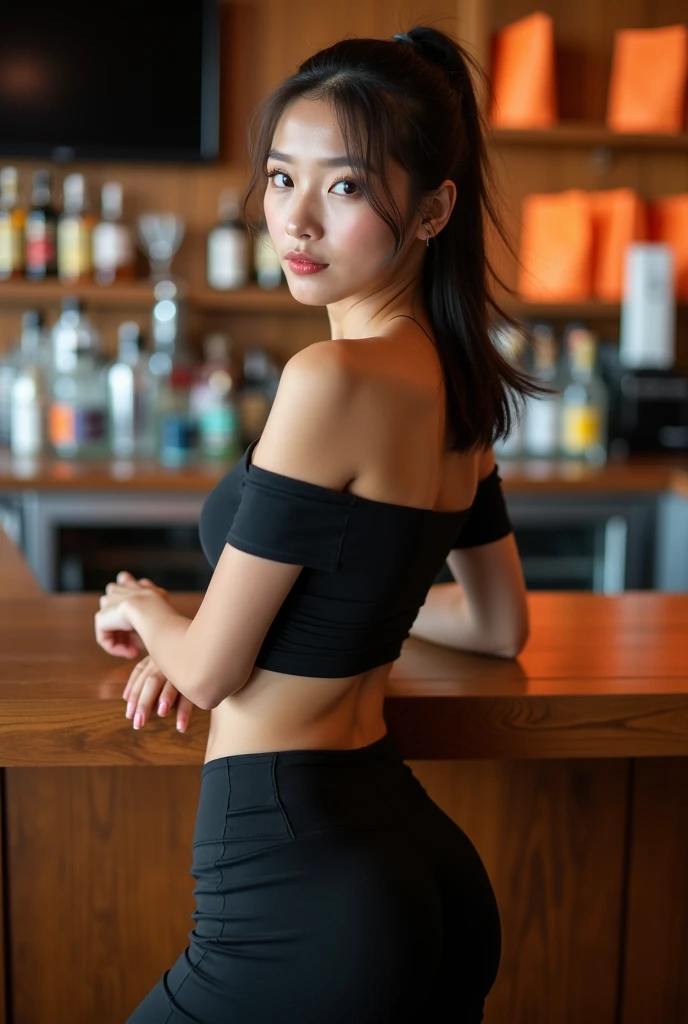 21 year old girl, Asian in  outfit, Perfect Two Black Haired Girls Squatting 2, dominant posture, Arch your back, glowing tanned skin, accentuated , 3D 8K Rendered Character Art, trend on cgstation, wearing a black jumpsuit, The goddess of winter, pose , seen , shot , Image below, (intricate details:0.9), (HDR, Hyperdetail:1.2), (Natural skin textures, hyperrealistic, Luz outfit, sharp), (Intricate detail 1.5). At the bar counter, club light, a lot of smoke